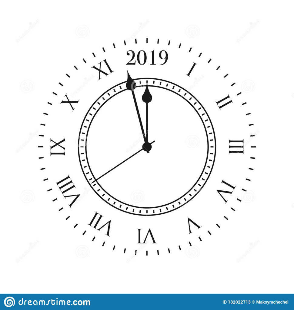 2019 Clock Round Retro Clock With Roman Numbers And 2019 Midnight 