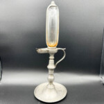 Antique Pewter Glass Oil Lamp Clock Circa Early 1800 s Roman