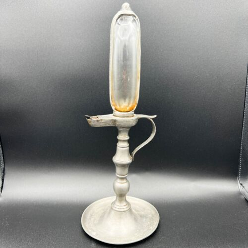 Antique Pewter Glass Oil Lamp Clock Circa Early 1800 s Roman 