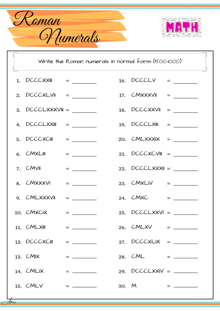 Grade 4 Math Roman Numerals II