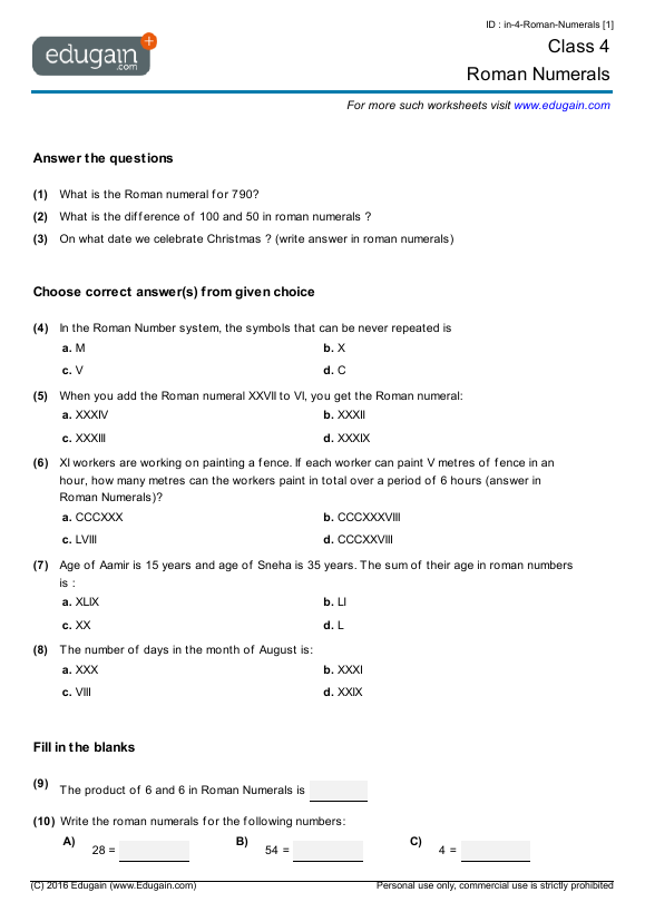 Grade 4 Roman Numerals Math Practice Questions Tests Worksheets 