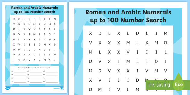 Roman And Arabic Numerals Up To 100 Number Word Search