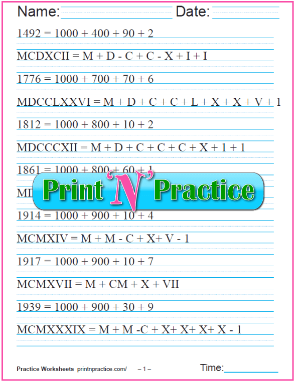 Roman Numerals Chart Roman Numeral Conversion Worksheets