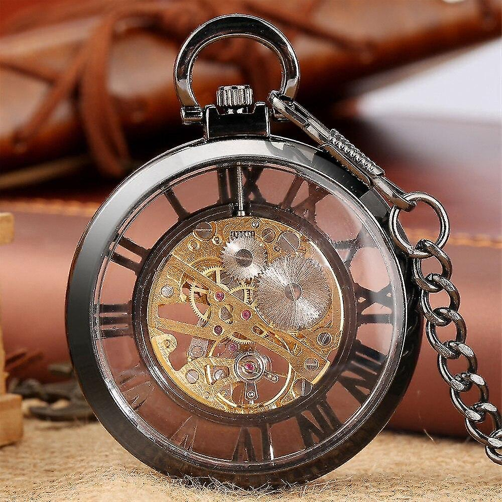 Transparent Glass Roman Numerals Skeleton Mechanical Pocket Watch Retro 