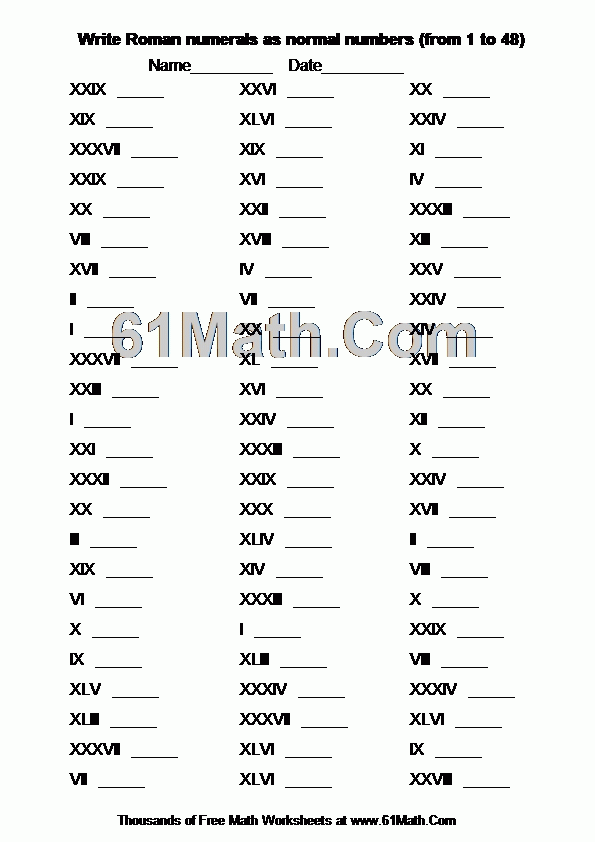 Write Roman Numerals As Normal Numbers from 1 To 48 Create Your Own