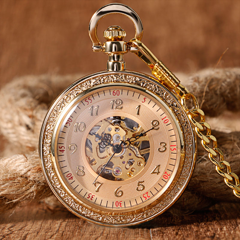 Luxury Golden Mechanical Pocket Watch Mens Arabic Numberal Open Face 