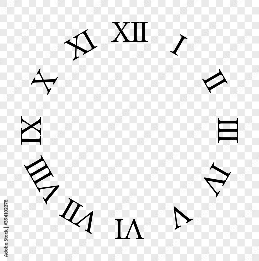 Set Of Roman Numerals Numbers In A Circle From One To Twelve Clock With 