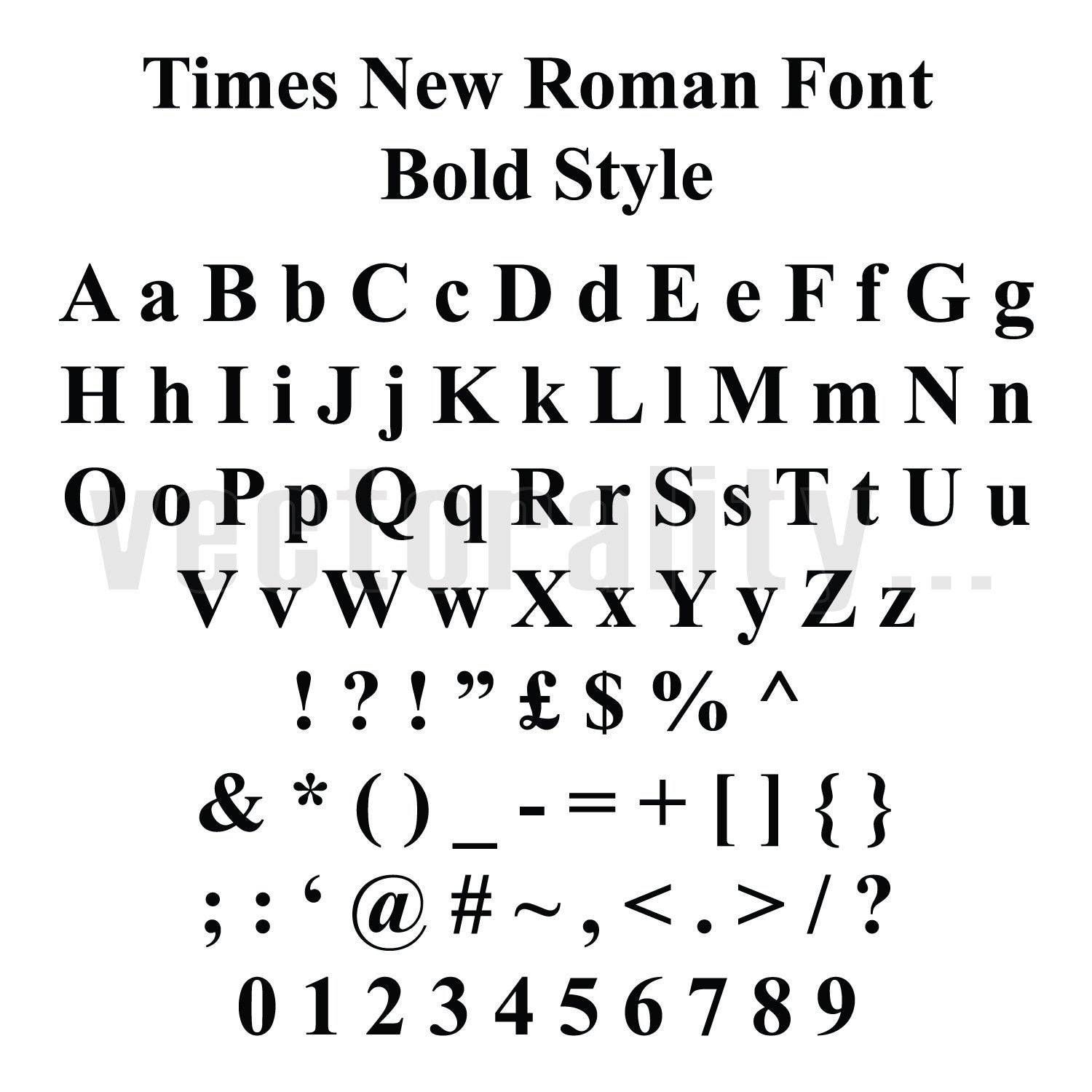 Times New Roman Font Bold Style Alphabet Numbers Letters Vector Art 