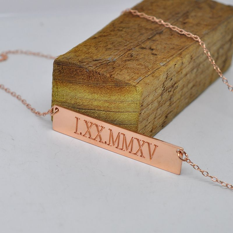 Wholesale Custom Roman Numberal Necklace Rose Gold Engraved Bar 