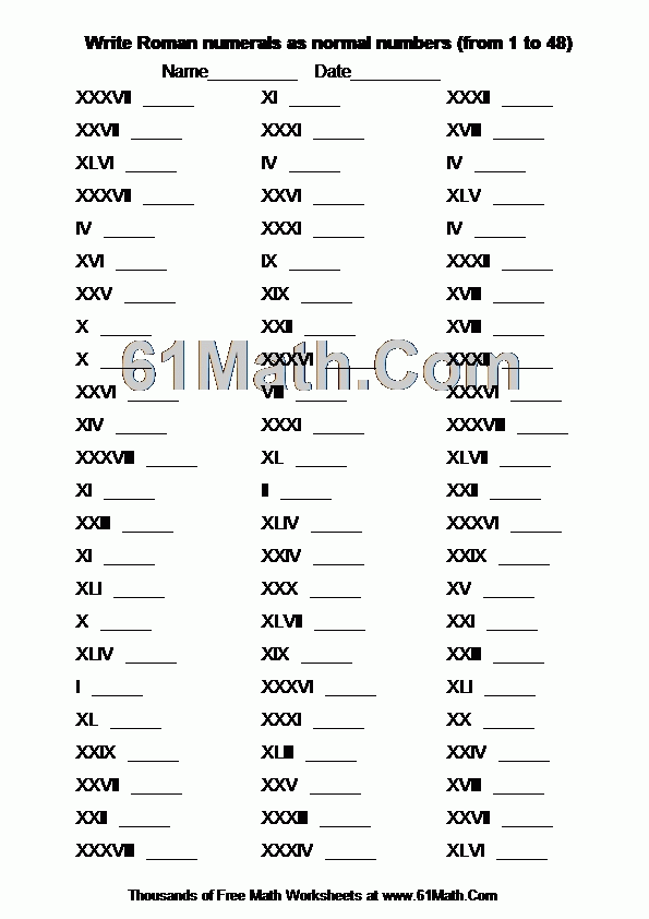 Write Roman Numerals As Normal Numbers from 1 To 48 Create Your Own 